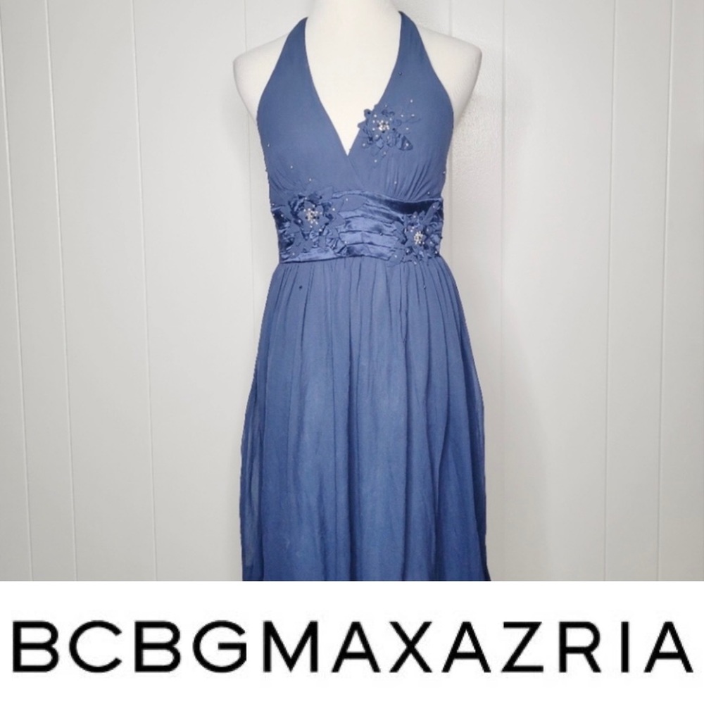 *SALE* BCBG MAXAZRIA Silk Beaded Chiffon Strappy Open Back Blue Halter Dress